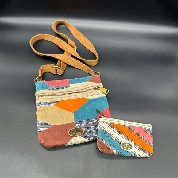 Fossil Patchwork Crossbody Purse Coin Pouch Wallet Vintage 90s Y2K Boho Leather - Picture 1 of 13